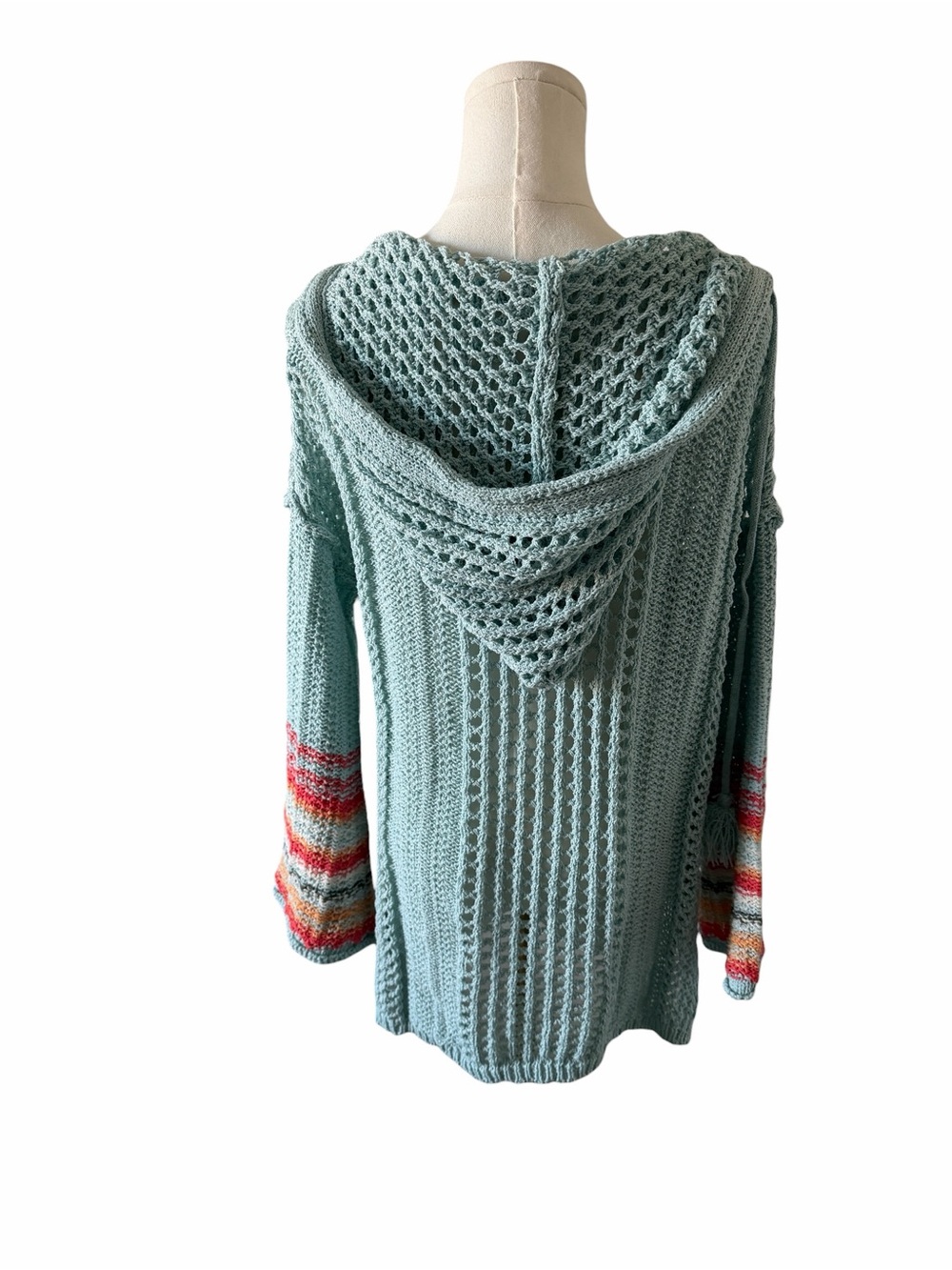 POL Mint Green Knit Hoodie Sweater with Multicolor Striped Cuffs - Picture 4 of 5